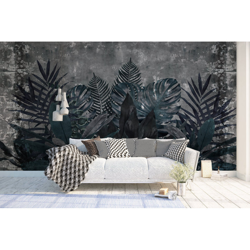 Papier peint amovible feuilles tropicales anthracite vert foncé, L 48,96 po x l 75 po