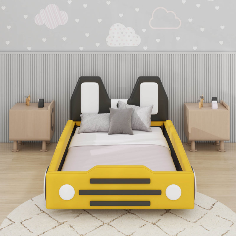 Twin Race Car-Shaped Platform Bed With Wheels, Yellow