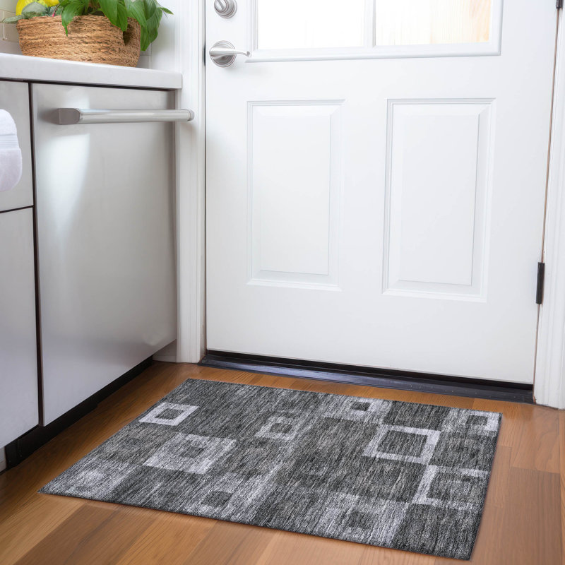 Machine Washable Indoor/Outdoor Cicel ACN1142 Black 1'8" x 2'6" Rug, Rectangle 1'8" x 2'6"