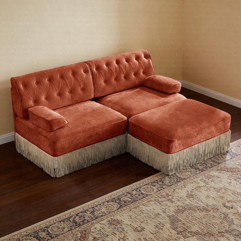 Canapé Chesterfield en velours avec repose-pieds, canapé modulaire capitonné avec jupe à franges, canapé rembourré style rétro