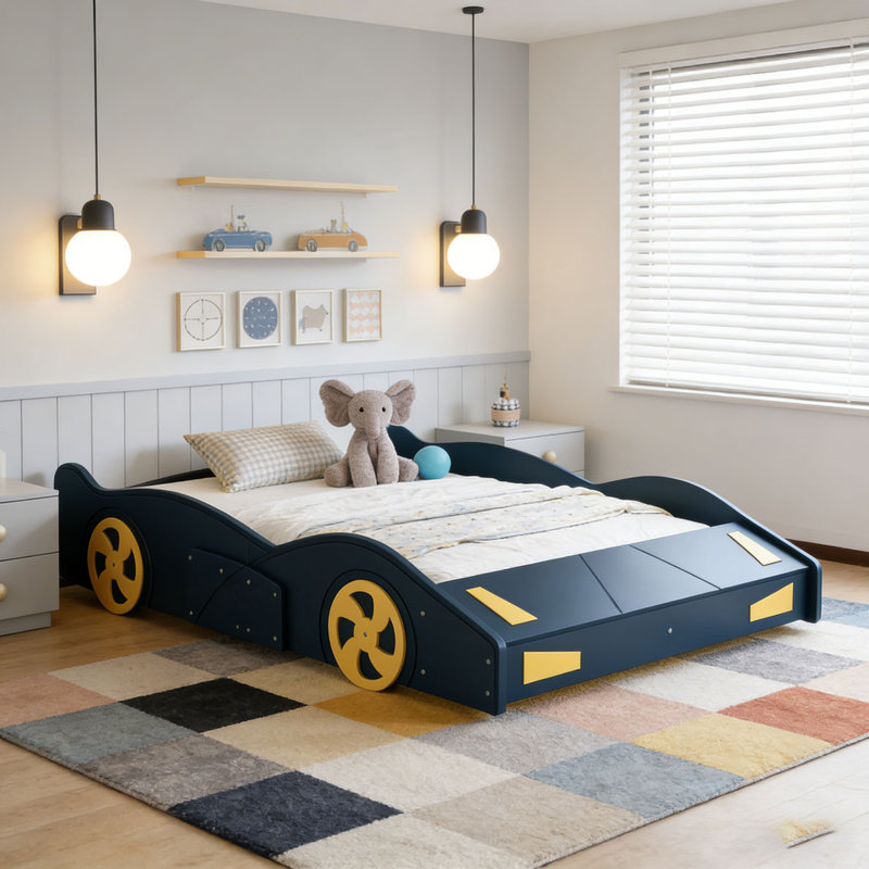 Lit plateforme avec roulettes et rangement Race, Lit simple, Bleu foncé et jaune