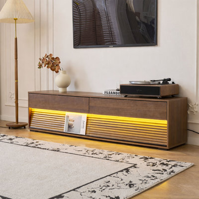68" Mid-Century Fluted TV Stand with LED Lighting, Storage Drawers & Magazine Racks