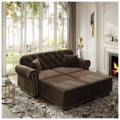Canapé Mid-Century moderne en velours avec garniture cloutée, canapé modulaire brun Chesterfield avec accoudoirs roulés et dossier capitonné