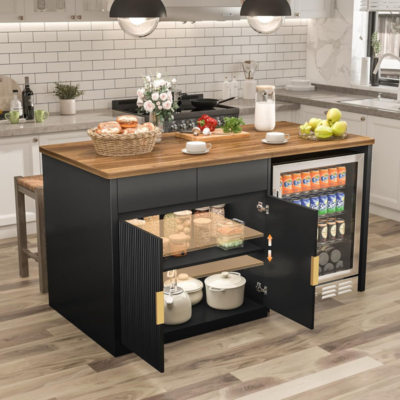 60.7" W Large Kitchen Island with Storage and Fridge Space, Modern Kitchen Bar Island Table and Dining Table with Drawers