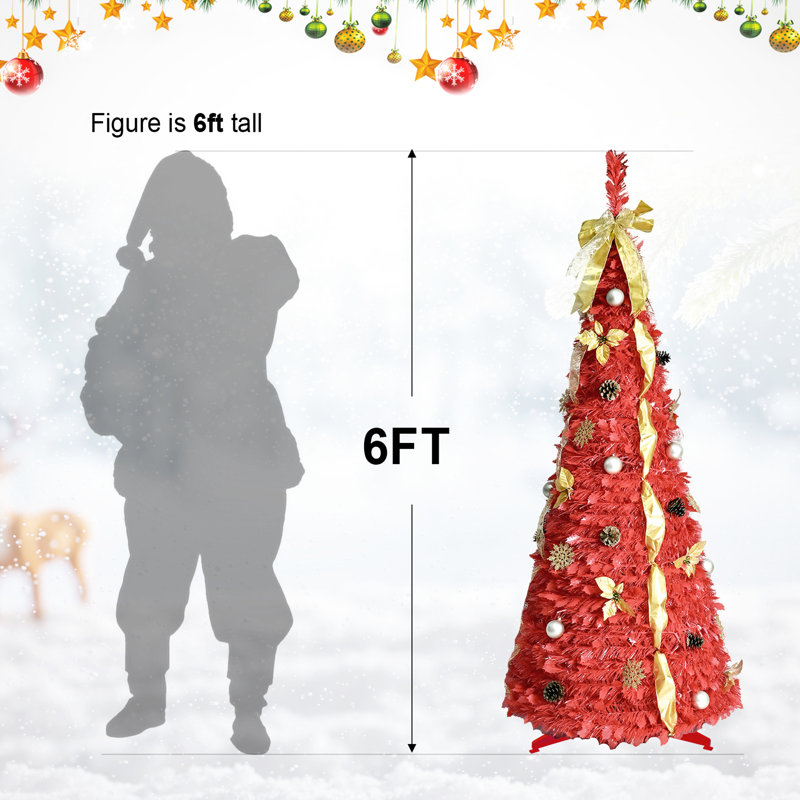 Arbre de Noël rouge de 6 pi avec fonction escamotable, 150 lumières DEL blanc chaud, 53 articles décoratifs, arbre d'installation rapide et sans effort, tous les articles de décoration pour un look complet, années de l'espace