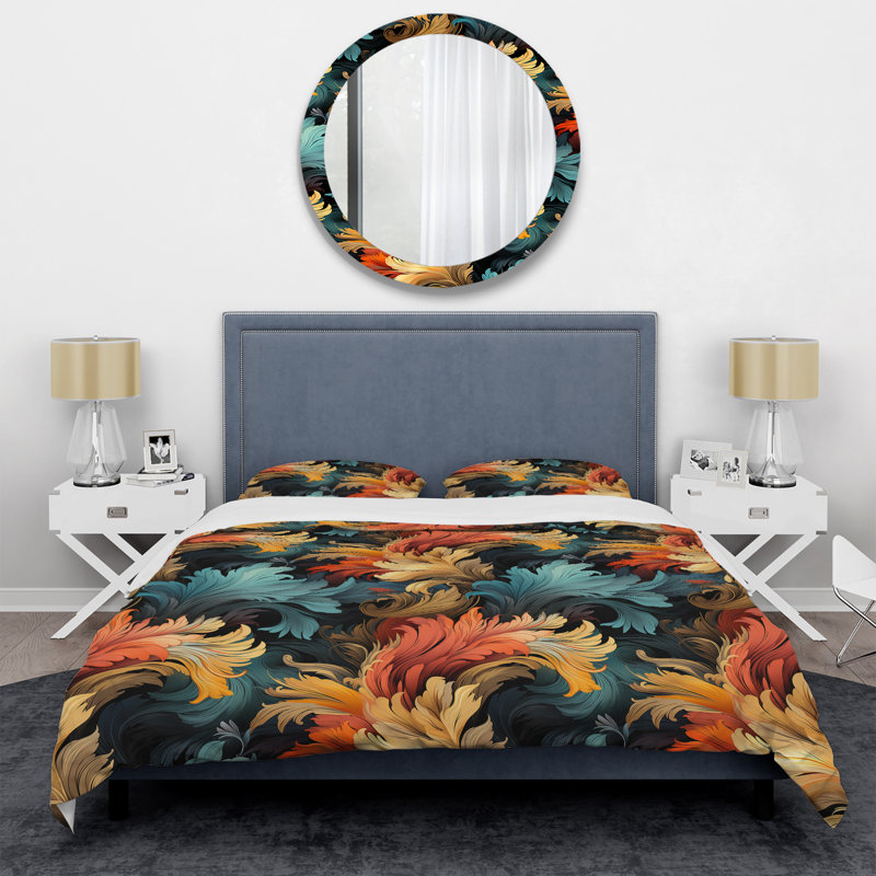 Painterly Damask Colorful Leaves - Ensemble de housse de couette abstrait, Housse de couette simple + 1 taie décorative stan