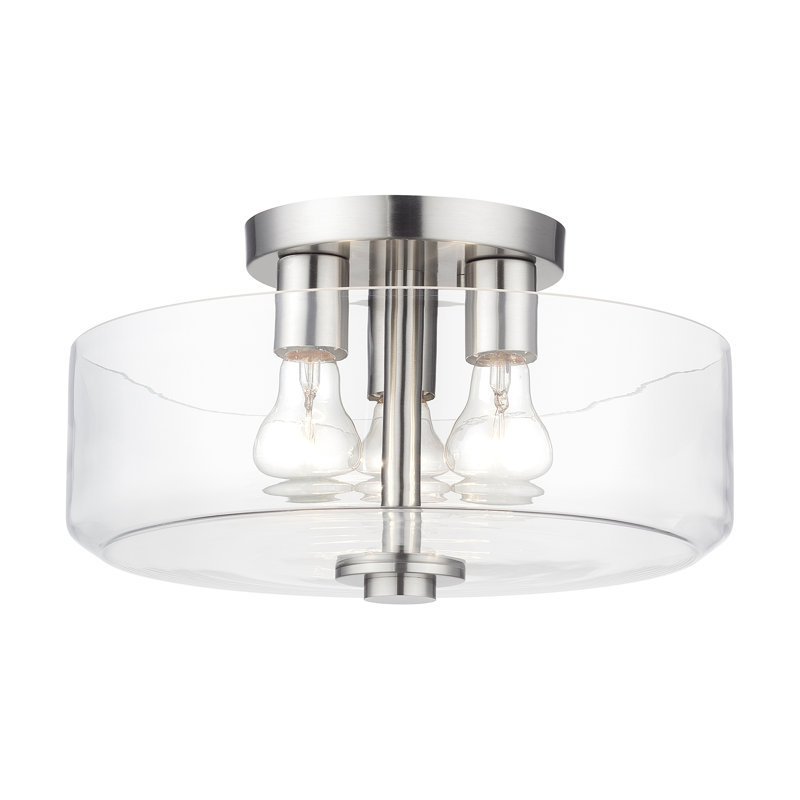 3 Light Antique Brass Large Semi-Flush With Mouth Blown Clear Glass, Brushed Nickel