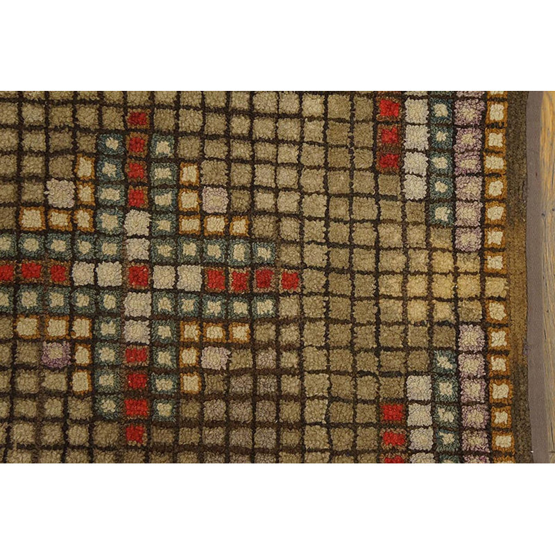 Antique American Tiled Squares Cross Pattern Hooked Rug