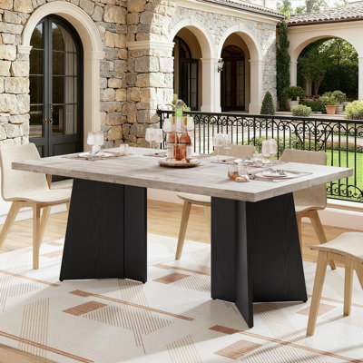 Modern Farmhouse Dining Table, 71" Rectangular Wooden Top, Heavy-Duty Metal Legs