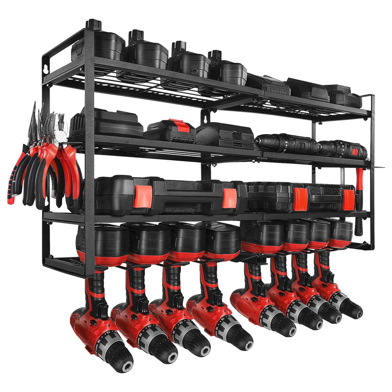 Support mural pour outils électriques, support de rangement à 4 couches avec 8 supports de perceuse, support d'outils et support de rangement avec tournevis, organisateur pour outils de garage, établi et atelier