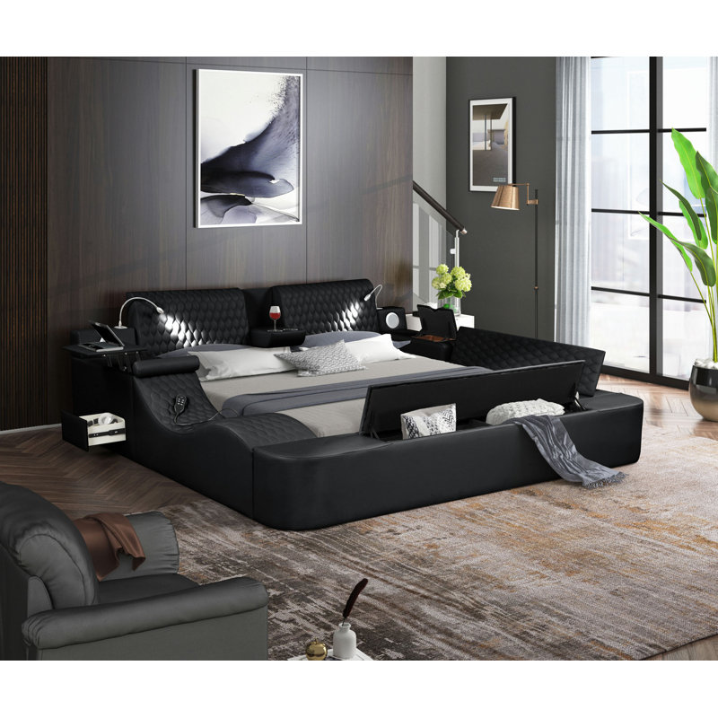 Lit de massage multifonctionnel en bois et similicuir, Grand lit, Black