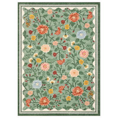 9x12 Area Rugs for Living Room Non Slip Farmhouse Floral Print Accent Carpet Non Shedding Low Pile Ultra Soft Flower Indoor Floor Carpet for Girls Room, Bedroom, Nursery, Green