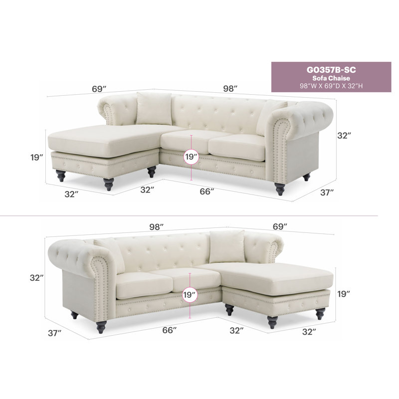 Nola Velvet L-Shaped Sectional Reversible, Ivory