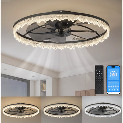 25-inch Modern Crystal Edge Flush Mount Ceiling Fan with Light Dimmable Enclosed App Control Black
