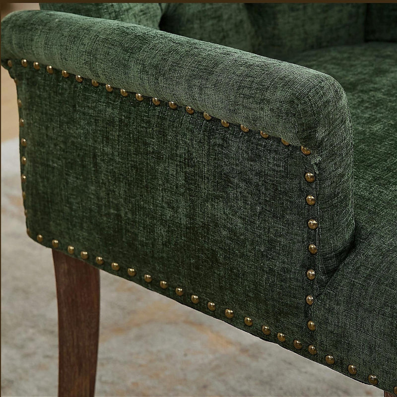 Chaise de salle à manger rembourrée en tissu, pieds courbés en bois massif, Vert olive