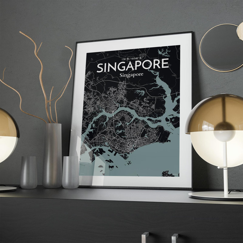 Carte de la ville de Singapour, impression, Gris/noir, H 24 po x l 18 po