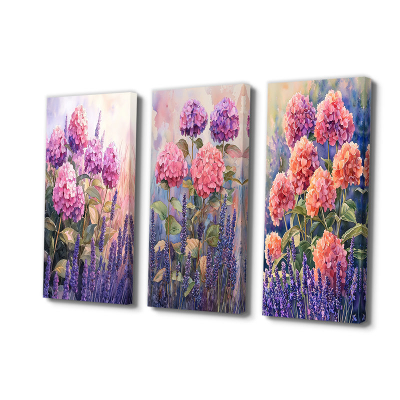 Hortensias dans un champ de lavande I - Collection de décorations murales Hydrangea, Toile tendue, H 28 po x l 36 po