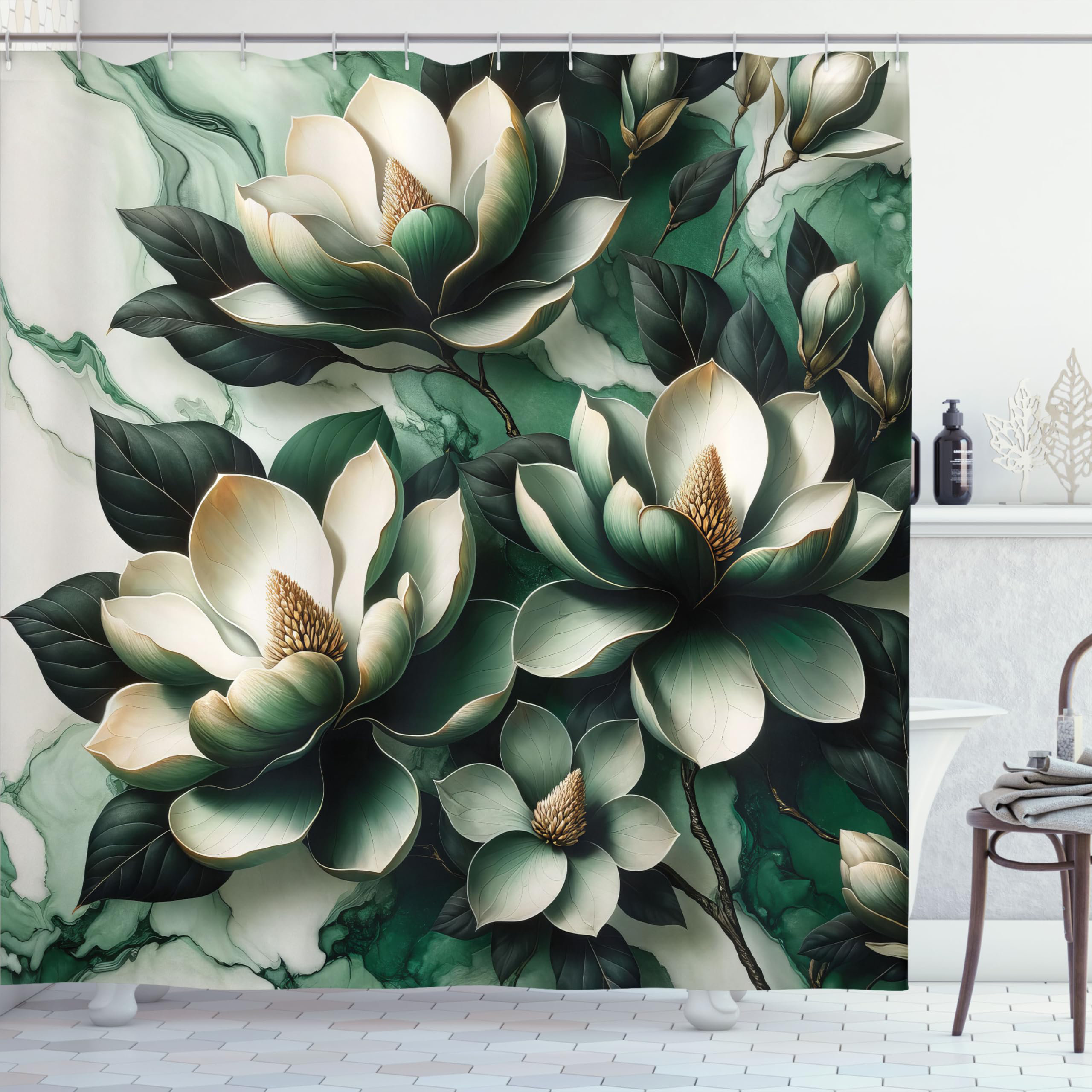 East Urban Home Dark Green Shower Curtain, Magnolia Flowers Blooming On