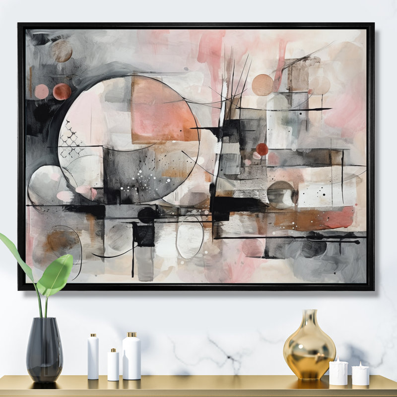 Kaydence, harmonies abstraites roses de forme II sur toile, H 30 po x l 40 po x P 1,5 po, Cadre flottant noir