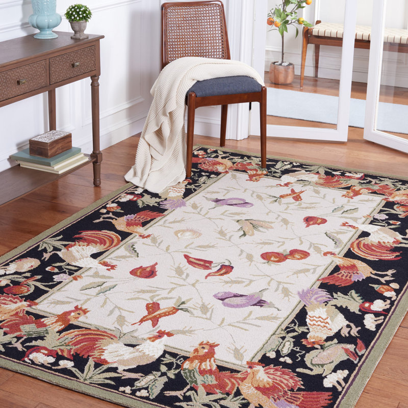 Hollander Oriental Handmade Hooked Wool Black Area Rug, Rectangle 5'3" x 8'3"