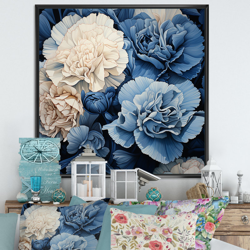 Arrangement mural œillets blancs et bleus VI - œillets, Cadre flottant noir, H 36 po x l 36 po x P 1,5 po