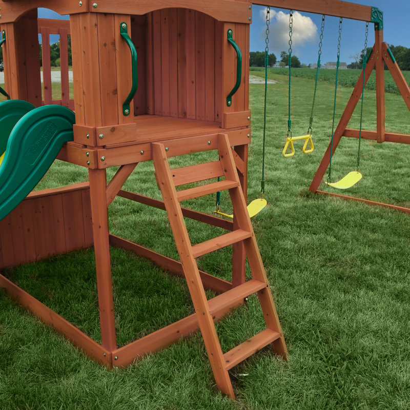 Atlantis Cedar Wood Swing Set with Green Slide and Clubhouse