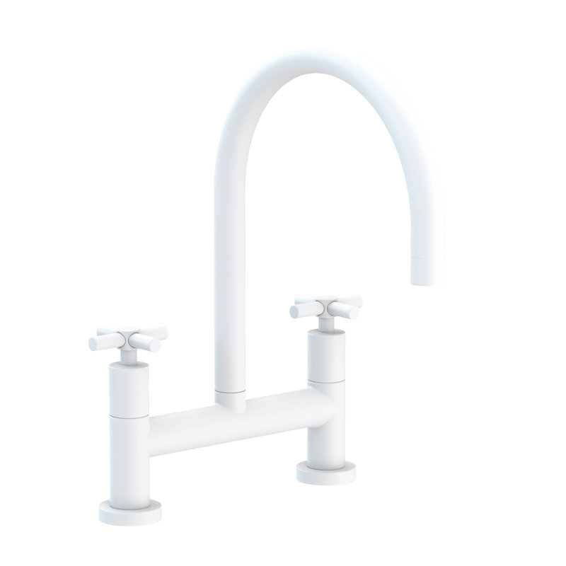 East Linear Kitchen Bridge Faucet, Matte White, Knob/Cross handle