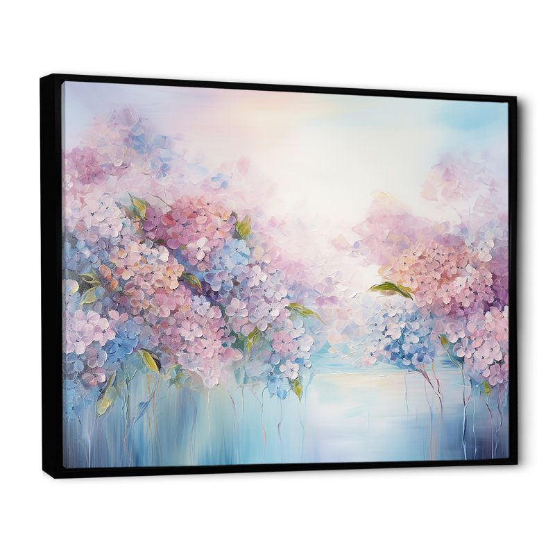 Hortensia bleue et rose Solitude dans la nature - décoration murale champ de fleurs, Cadre flottant noir