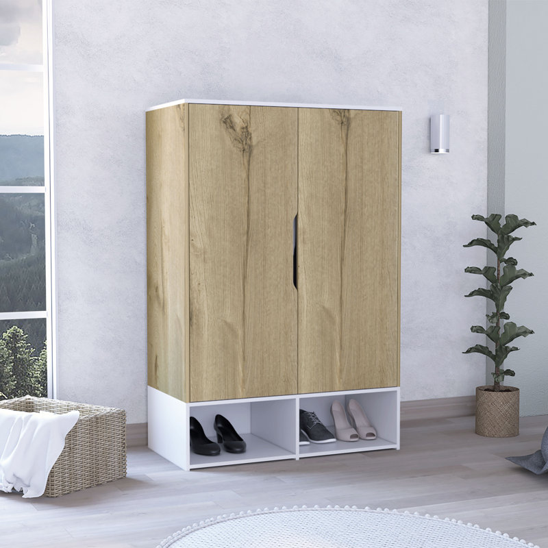 Armoire Orville Rosie, deux tablettes ouvertes, double porte, cinq tablettes, tringle, Chêne pâle / blanc