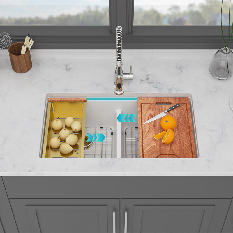 Évier de cuisine en quartz - Évier de cuisine encastré à double cuve en granite blanc 33 po x 19 po x 9,65 po Quartz