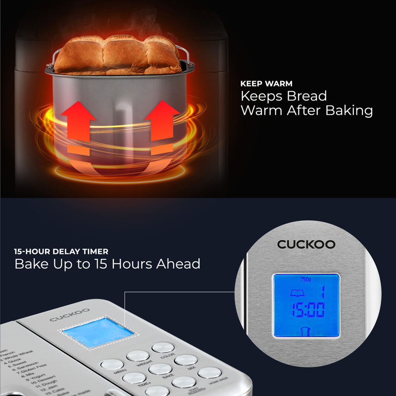 CUCKOO CBM-AAB101S 2 lb. Multi-Functional Bread Maker with 17 Menu Options, Crust Color Customization, Automatic Fruit & Nut Dispenser, 6 Accessories (Stainless Steel)
