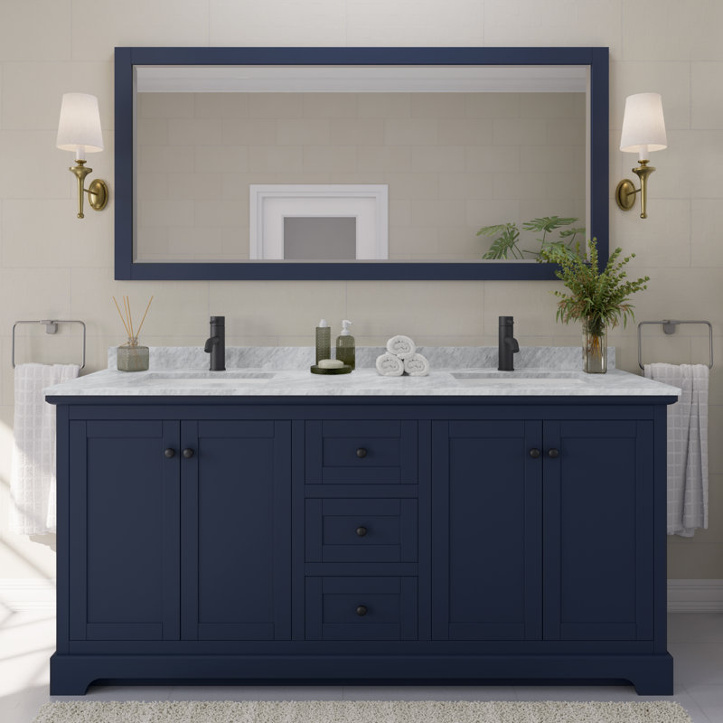 Avery 72'' Double Bathroom Vanity with Stone Top, Dark Blue, Matte Black