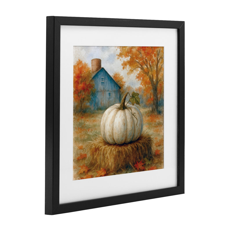 «Harvest Pumpkin on Hay Bale», reproduction encadrée sous verre, conception par Antony Smith, Cadre noir minuit