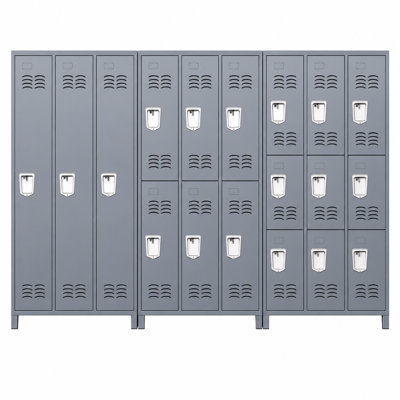 Ensemble de 3 casiers métalliques gris Bizoe à 18 portes, hauteur 183 cm (72 pouces), idéal pour le gymnase, l'école et le bureau.