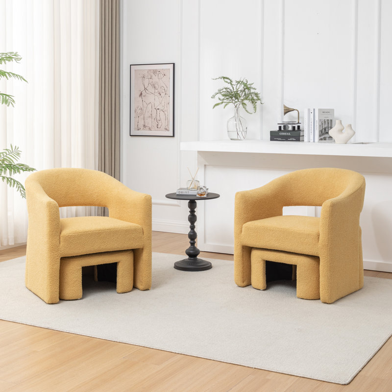 Fauteuil demi-tonneau avec repose-pieds, Similifourrure jaune