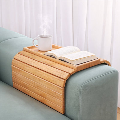 Folding Bamboo Sofa Arm Tray, Couch Armrest Table With Anti-Slip Pad (Natural)
