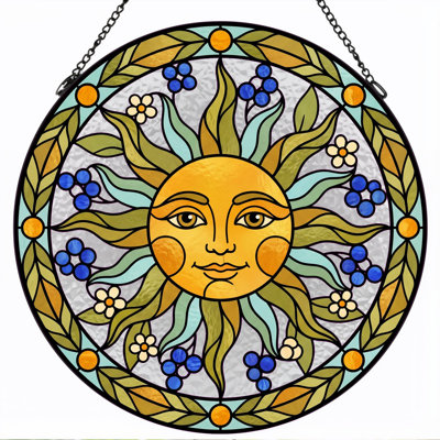 Sun Face Stained Glass Window Panel，12"H