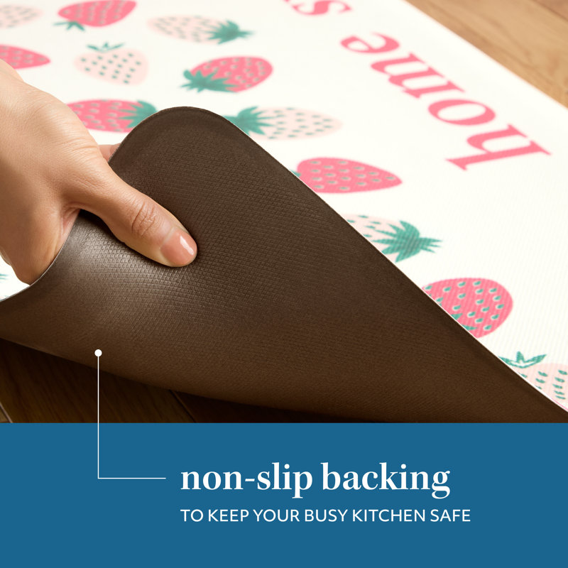 Home Sweet Home Pink and Green PVC Kitchen Mat with Strawberry Pattern