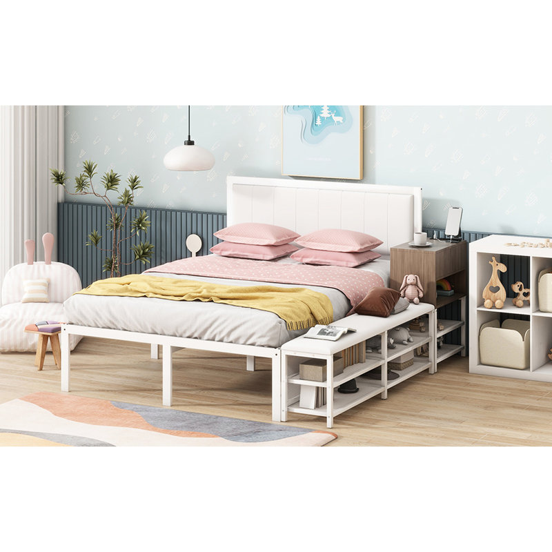 Lit plateforme en métal blanc avec rangement et tablettes en bois, armoire pour chambre à coucher soignée, Lit double, Blanc