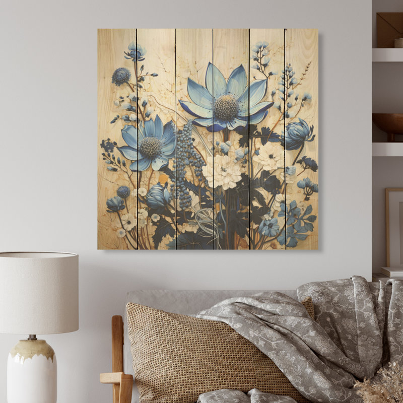 Bouquet de fleurs bleues - Bouquet de fleurs bleues sur fond de pin naturel, H 25 po x l 25 po