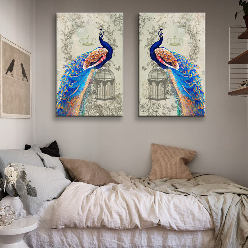 2 panneaux de paons bleus élégants, décoration sur toile, H 18 po x l 24 po