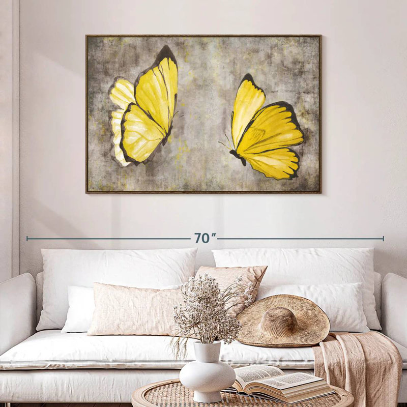 Papillons jaunes, 46 po x 31 po, Cadre flottant en noyer