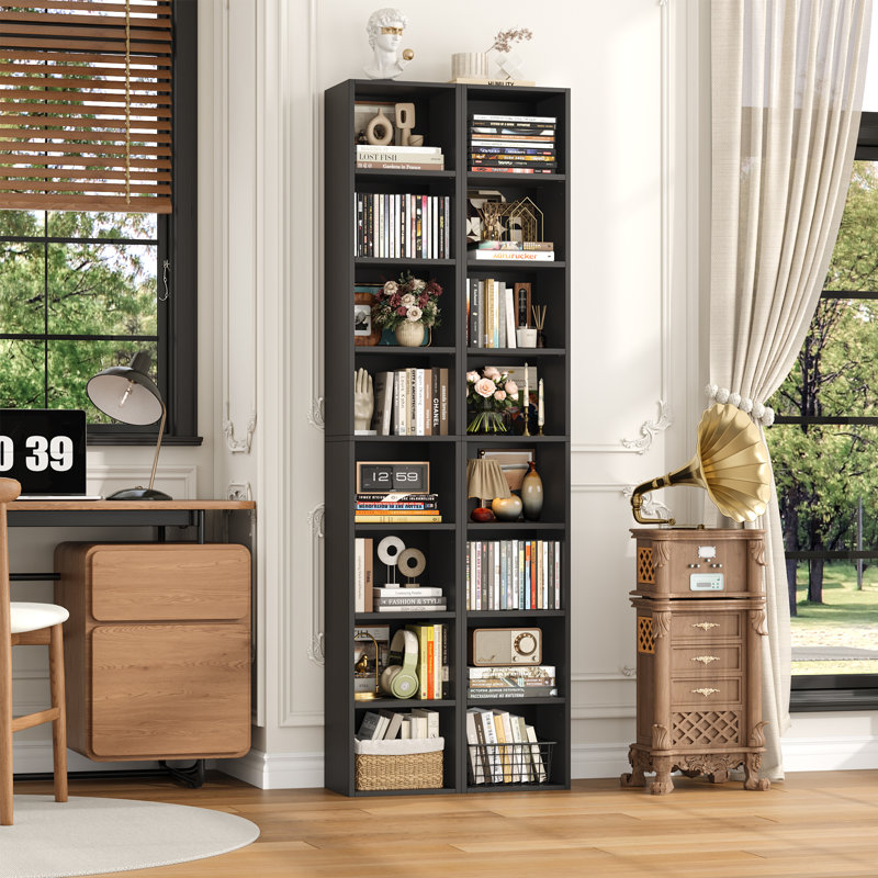 Brenya Mid-Century Modern Wood 8-Tier Narrow Library Shelf, Adjustable Bookcase Set of 2, Black, 2
