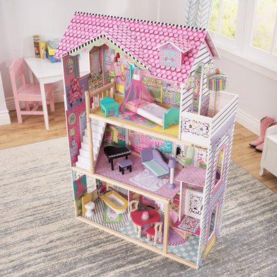 Maison de poupée en bois avec élévateur, balcon et 17 accessoires Annabelle