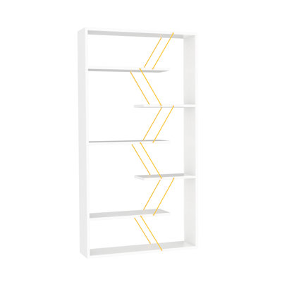 Bibliothèque industrielle à 6 tablettes, structure en bois moderne pour le bureau et le salon, pièces de style blanc / jaune,