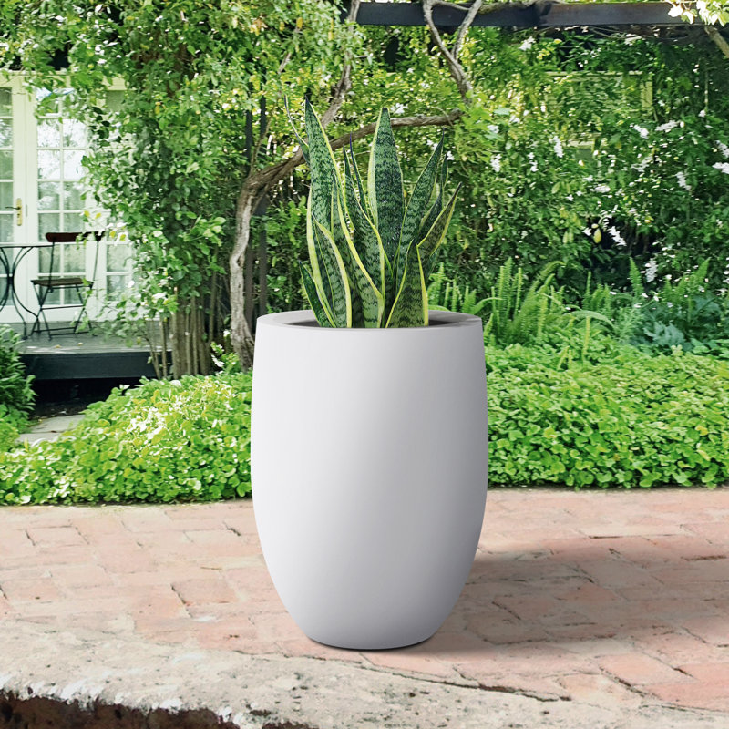 16" W x 21.5" H Concrete Tall Round Flower Planter Handcrafted White Large Plant Pots with Drainage Hole, White