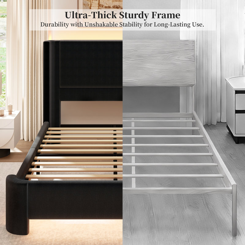 Upholstered Bed Frame, King(5'), Black, Yarn-Dyed Linen