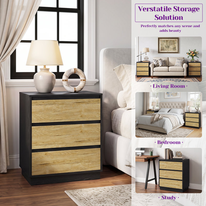 23.6“W Wood Nighstand With 3 Drawers, Black/Yellow