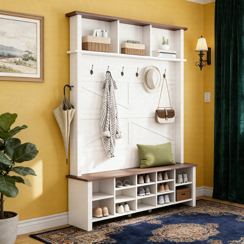 Farmhouse 4-In-1 Hall Tree With Bench, 6 Hooks & 16 Open Compartments, Entryway Shoe Organizer, White