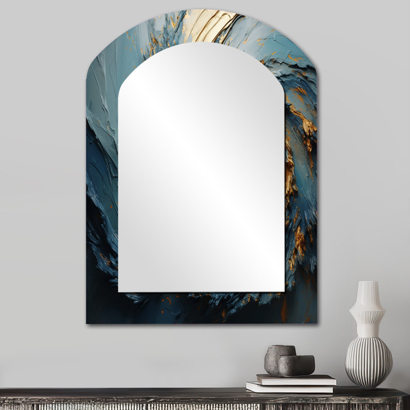Or et bleu vortex poteries - miroir asymétrique spirales abstraites, miroir mural décoratif arqué doré, impression d'art en métal